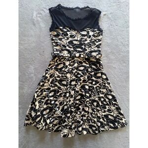 Effies Heart Black Cream Floral Mesh Lace Fit Flare Belted Pocket Dress Medium M